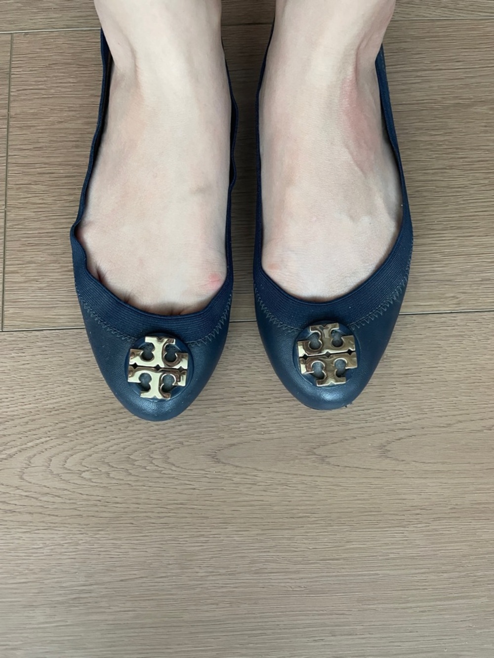 Tory Burch Navy Leather Ballet Flats with Gold Logo